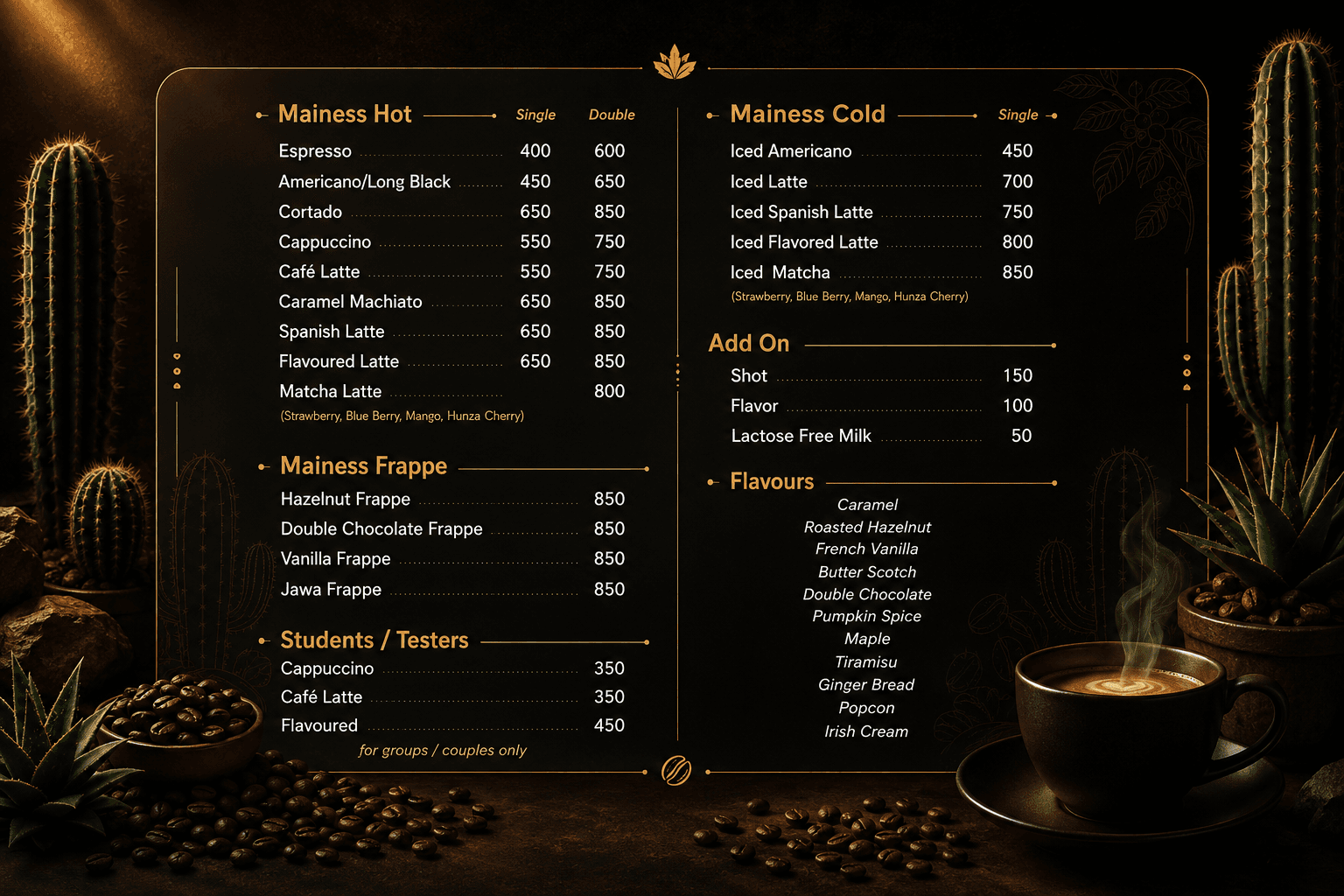 Cactus Coffee menu